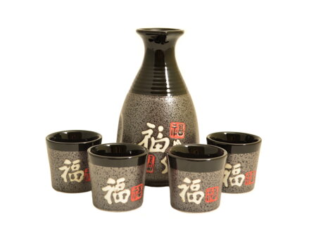 Pan Asia Set na sake šedo-čierny so znakmi (pre 4 osoby)